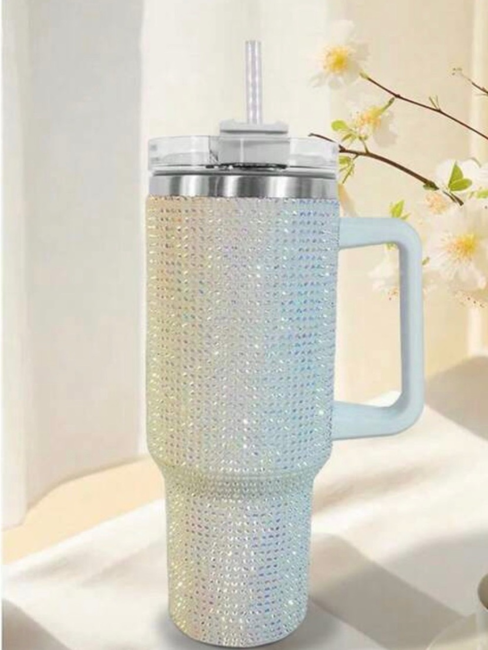 Sparkle Crystal Travel Tumbler with Handle - White
